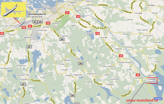 Схема проезда от границы до аэропорта Лаппеенранты в Финляндии