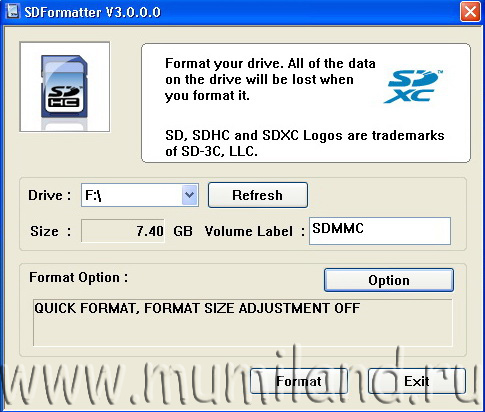 Интерфейс программы SDFormatter